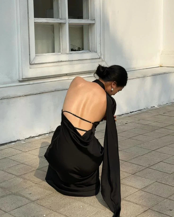 Black Halter Slim-fit Backless Sexy Full of charm Satin Prom Dress