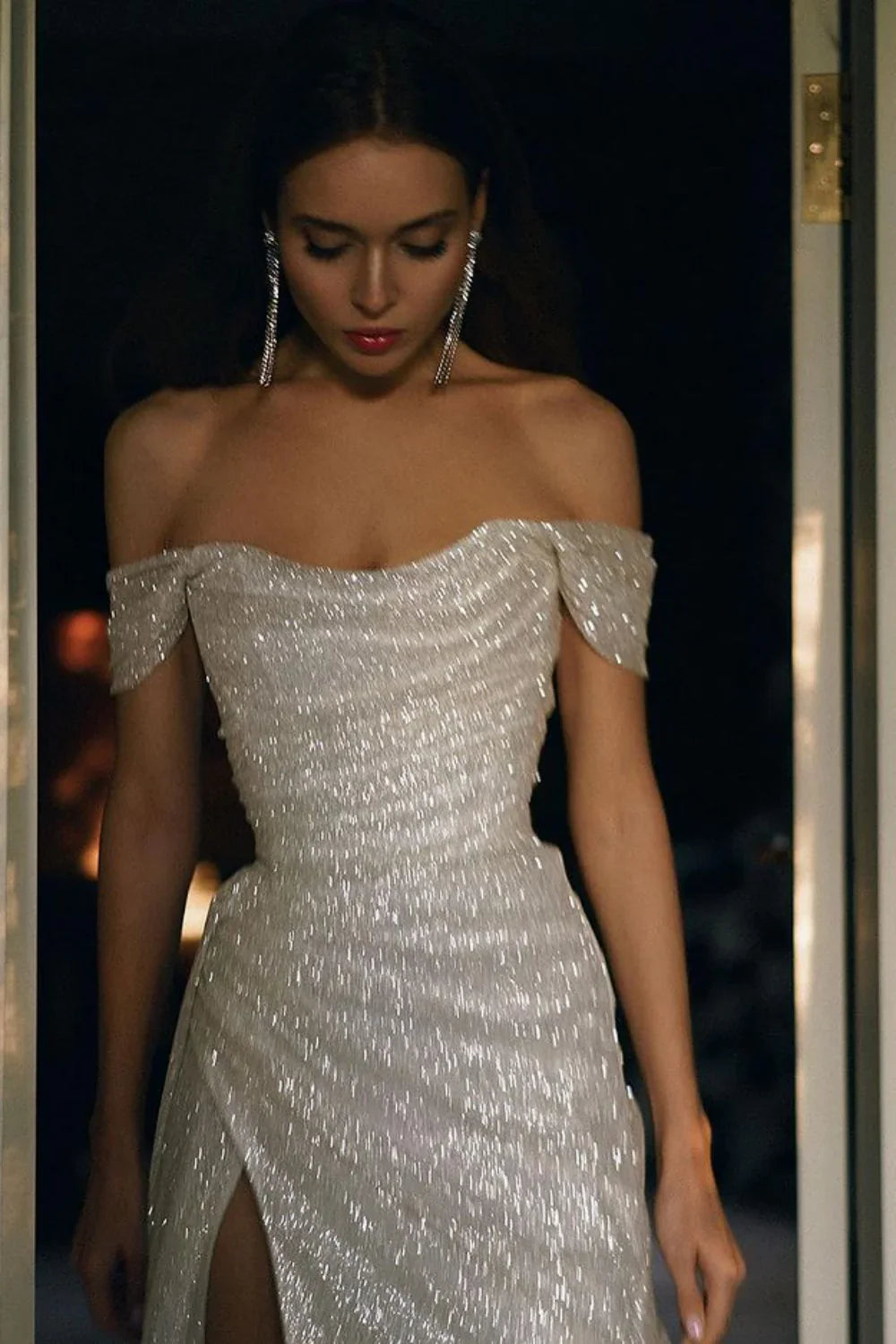 Shiny A Line Off the Shoulder Sequin Long Prom Dress Evening Dress with Slit