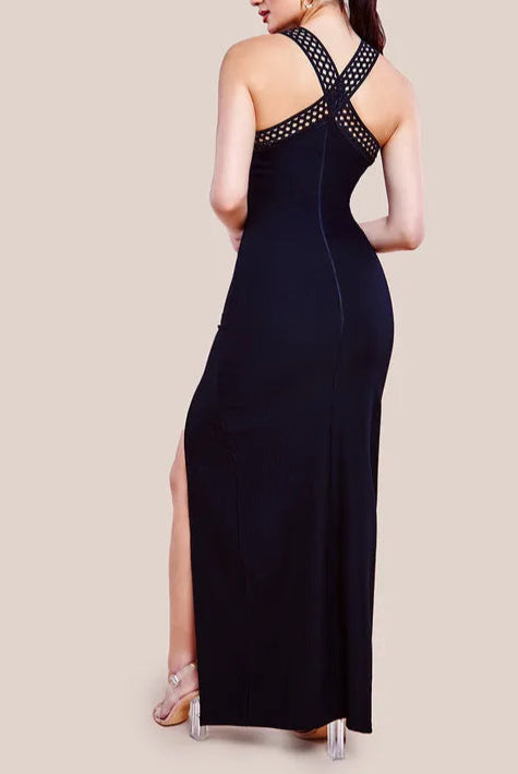 Ribbed Criss Cross Halter Neck Bridesmaids Maxi Dress With Thigh Split