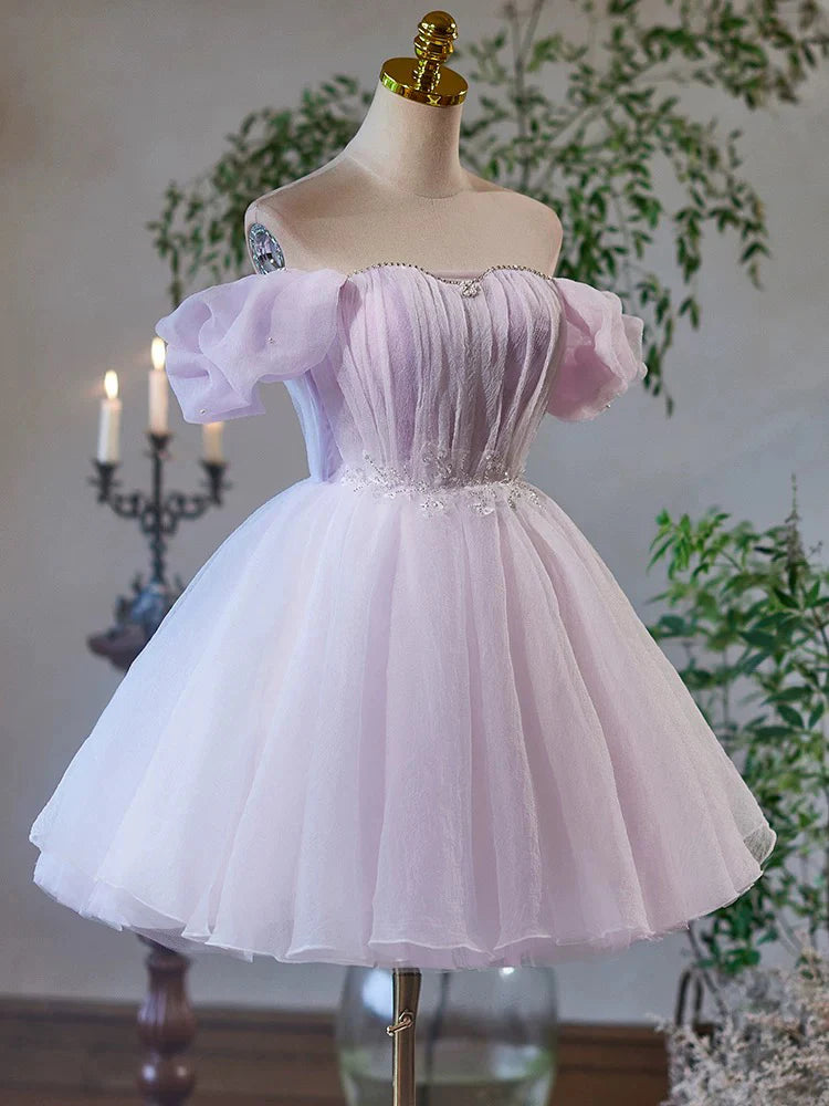 A-Line Sweetheart Neck Tulle Purple Short Prom Dress, Unique design Homecoming Dress