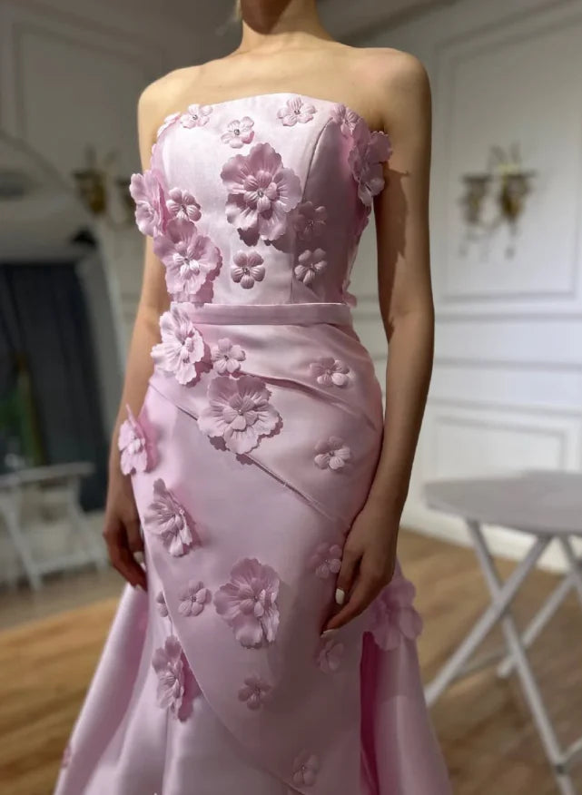 Sweet Pink Mermaid Strapless Prom Dress 3D Floral Satin Evening Dress