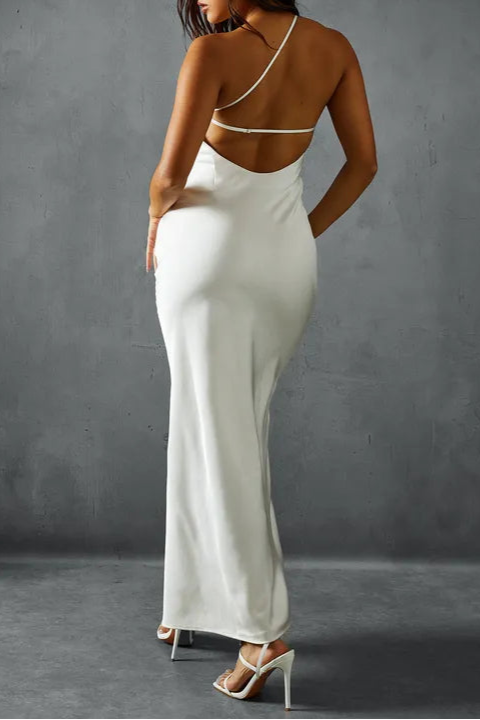 Satin Asymmetric Strap Pleated Waist Low Back Bridesmaids Maxi Dress