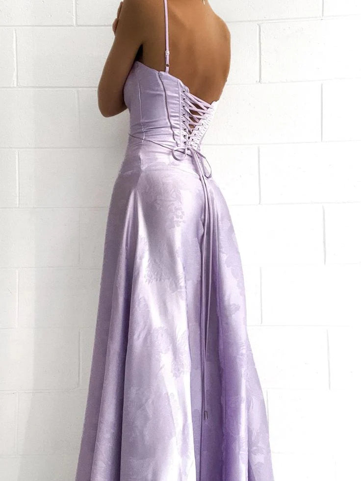 Lavender A Line Spaghetti Straps Satin Long Prom Dress Evening Dress