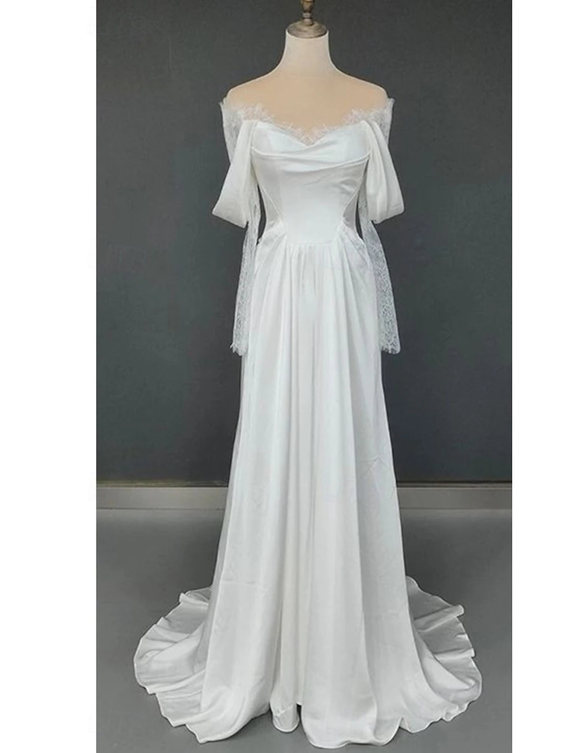 Floor Length Satin Wedding Dresses A-Line Illusion Neck Long Sleeve Bridal Gowns With Flower