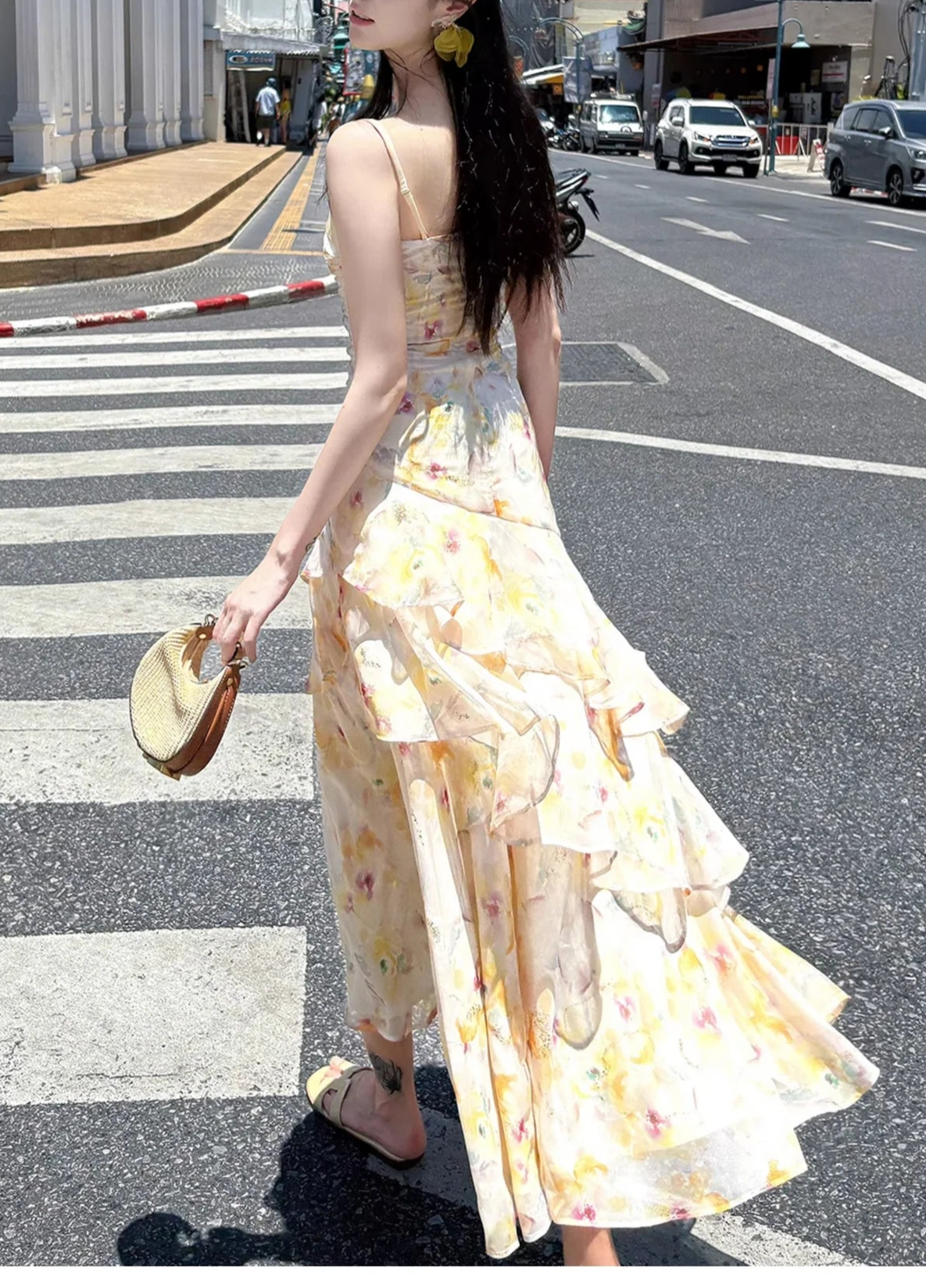 Sweet French Ruffle Print Spaghetti Strap Fashion Mermaid Party Dress