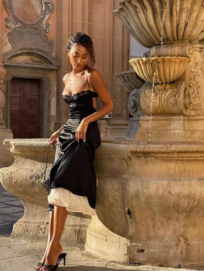 Sexy A Line Spaghetti Strap Lace Black Satin Open Back Prom Dress