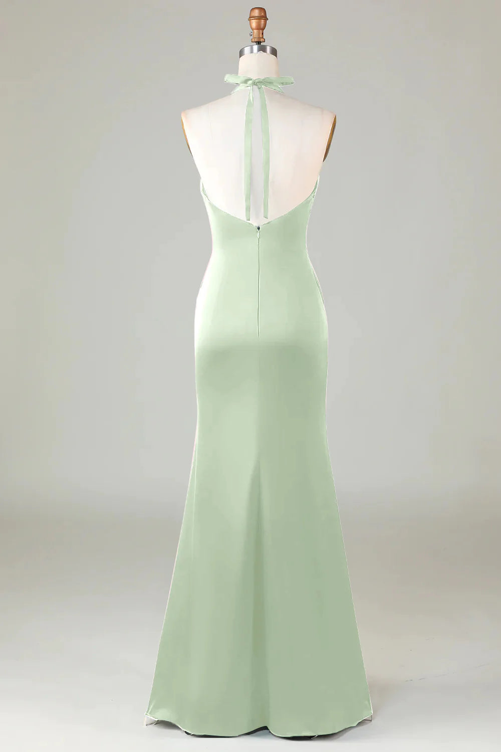 Full of charm Dusty Sage Satin Sheath Halter Long Bridesmaid Dress