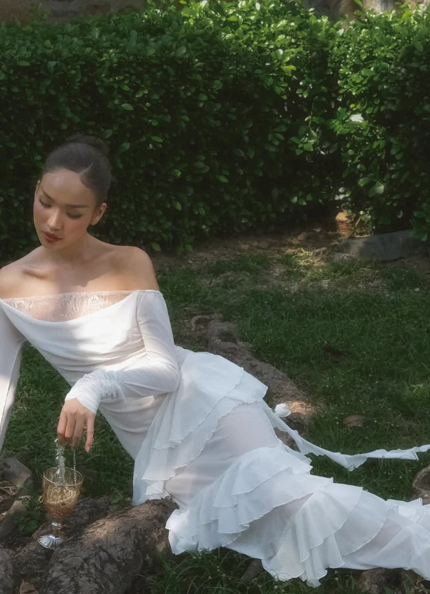 Elegant Sheath Ruffles White Lace Chiffon Prom Dress Long Sleeve Evening Dress