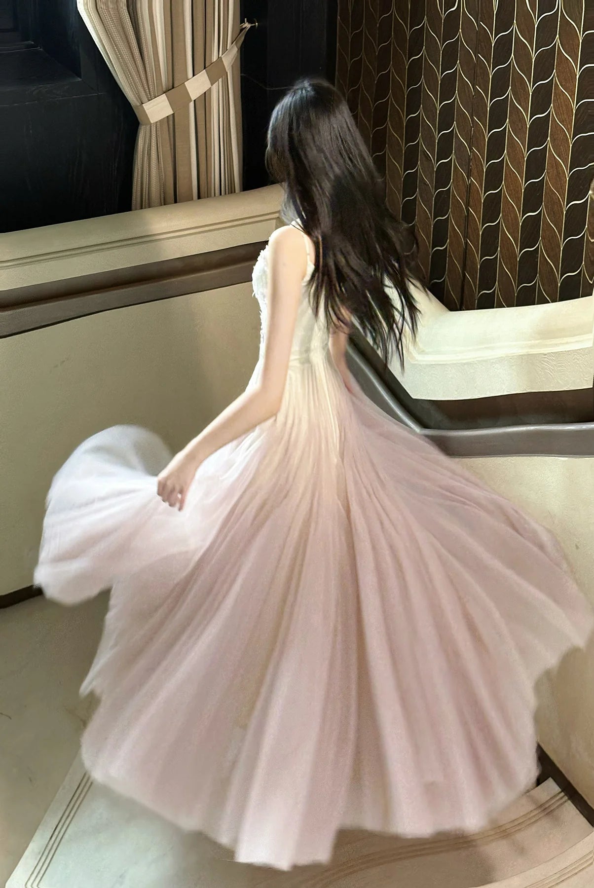 Sweet Pink Purple Lace Tulle Spaghetti Strap  Retract Your Waist A-Line Prom Dresses