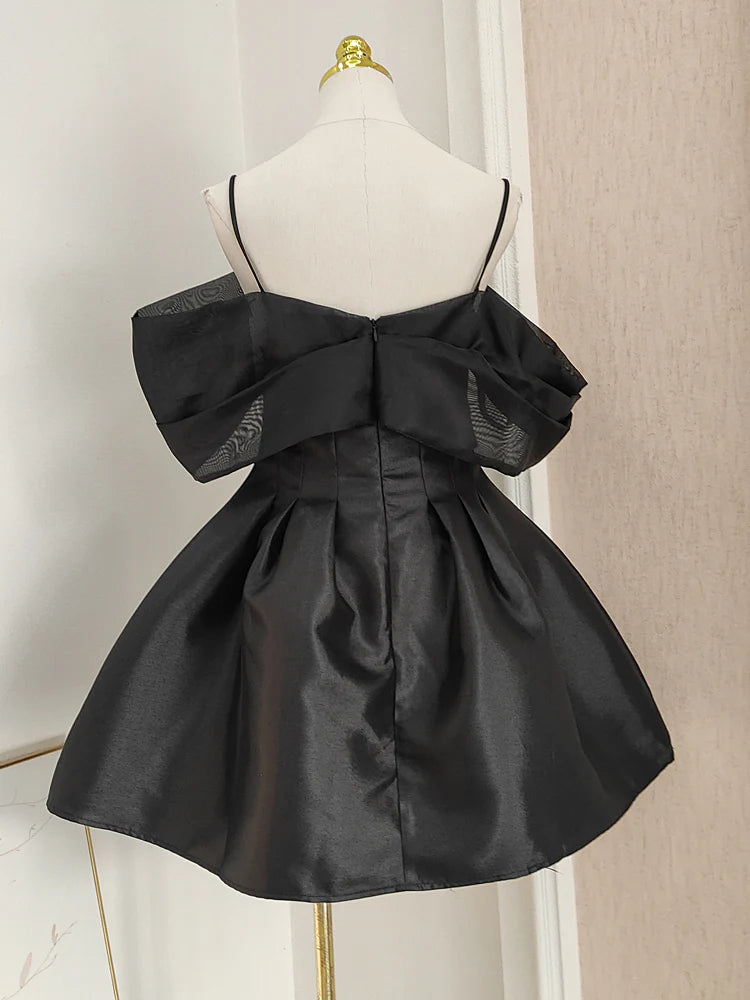 Black A-line tulle satin short prom dress off-the-shoulder homecoming dress