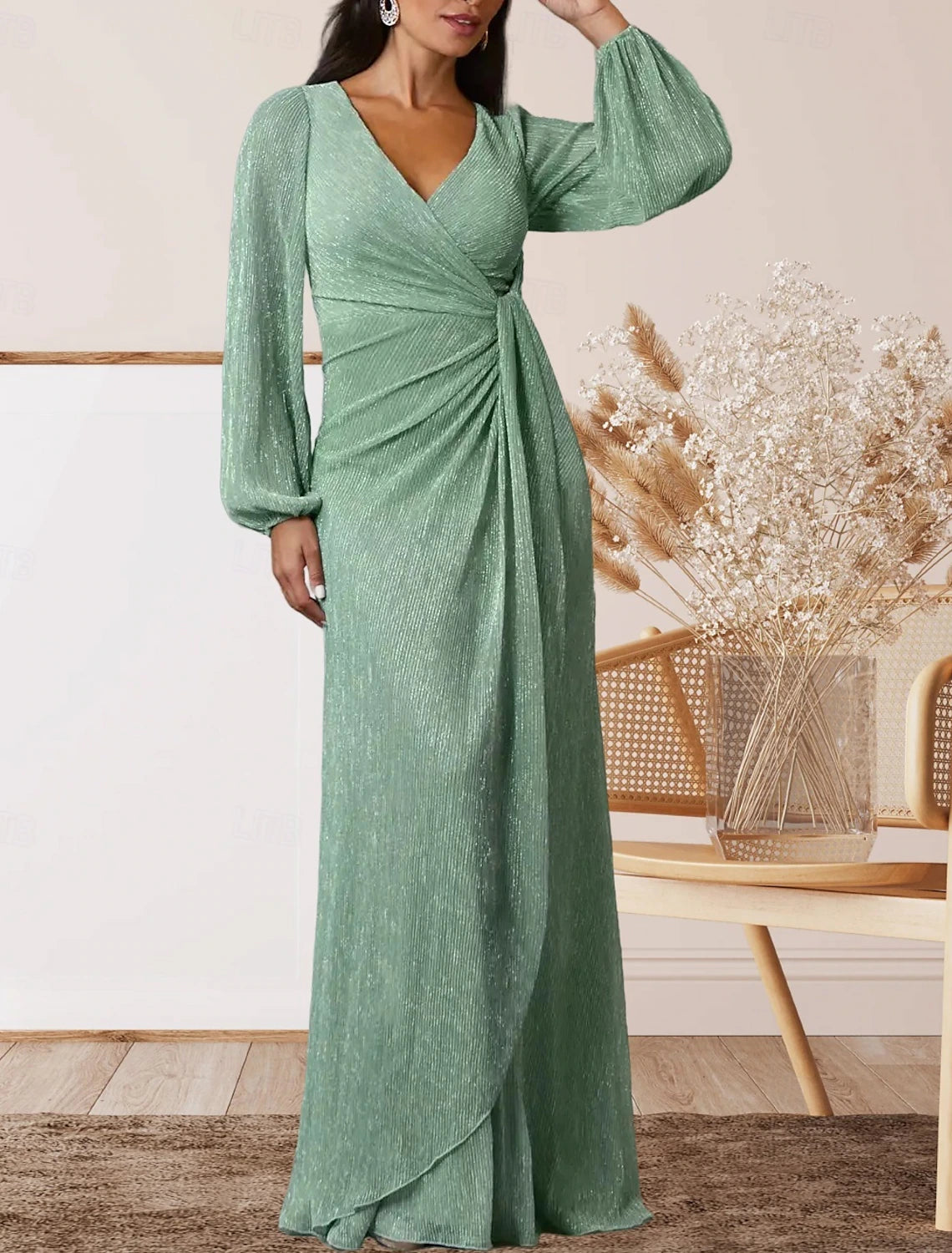 A-Line Mother of the Bride Dress Wedding Guest Elegant Sweet V Neck Floor Length Chiffon Long Sleeve with Ruffles Ruching