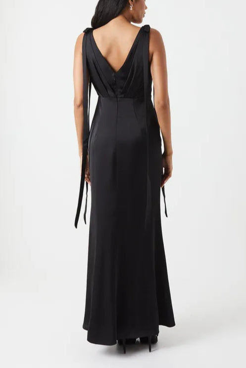 Tie Shoulder Ruched Skirt Satin Elegant and gentle Bridesmaid Maxi Dress