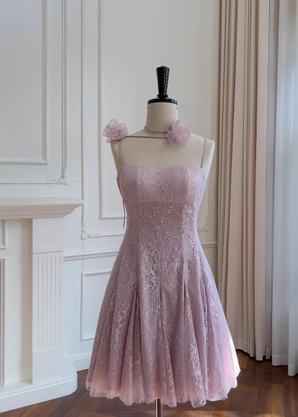Light purple A-line spaghetti strap lace short prom dress, Unique design homecoming dress