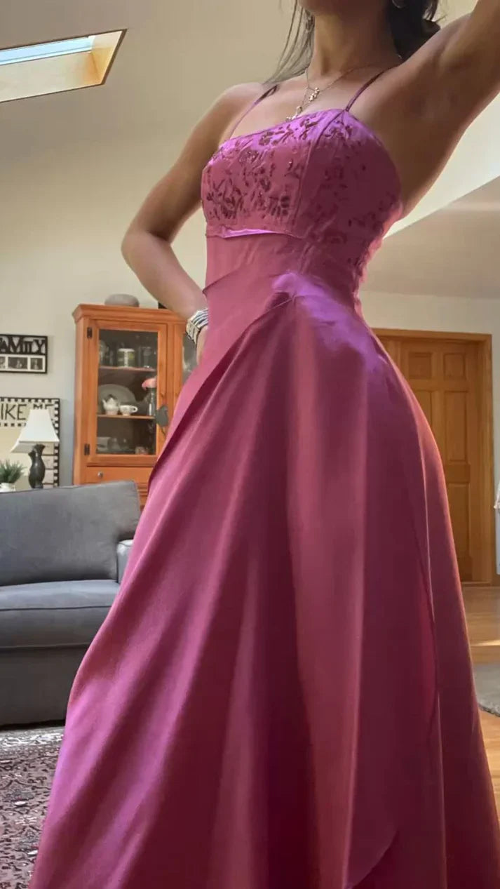 A-Line Fuchsia Beaded Satin Prom Dresses Elegant Spaghetti Straps Gorgeous Party Dresses with Shawl