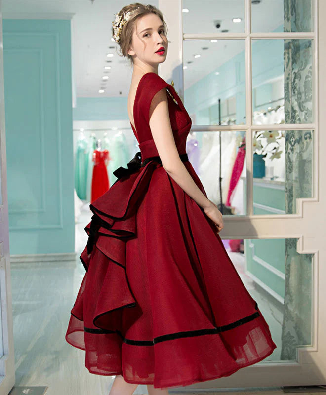 Burgundy V Neck Tea Length Prom Dress, Unique design Evening Dress