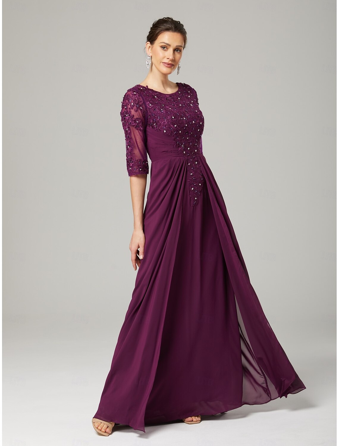 Sheath / Column Mother of the Bride Dress Formal Wedding Guest Elegant Sparkle & Shine Crew Neck Asymmetrical Floor Length Chiffon Lace 3/4 Length Sleeve with Sequin Appliques