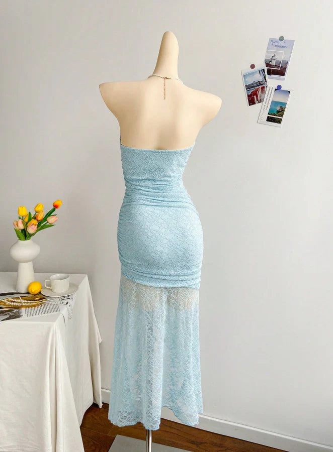 Blue Lace Bodycon Short Party Dress Strapless Backless Gorgeous Royal Evening Dress