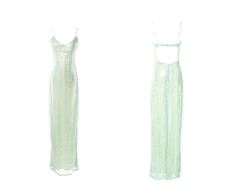 Spaghetti Strap Green Sequin Open Back Party Dress Shiny Sheath Evening Dress