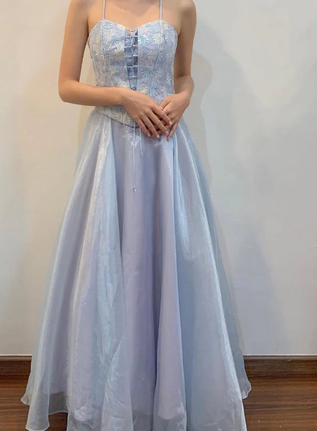Blue A Line Spaghetti Strap Embroidered Tulle Satin Prom Dress Unique design Evening Dress
