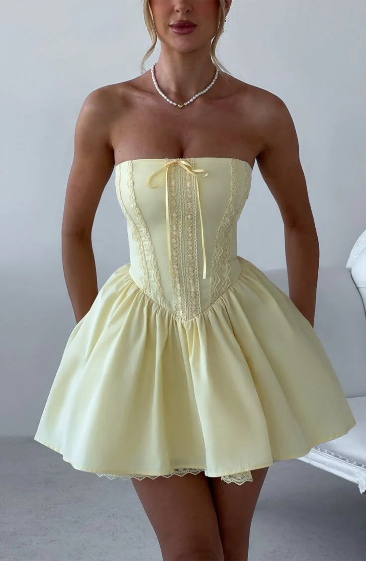 Satin Lace Strapless A-Line Short Prom Dresses Sweet Butter Yellow Homecoming Dresses