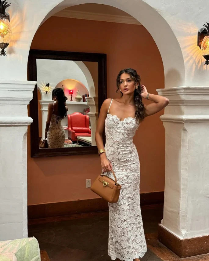 Spaghetti Strap White Lace Long Prom Dress Stunning Sheath Evening Dress