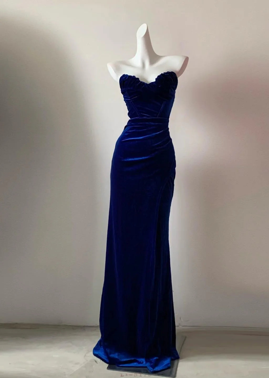 Elegant Navy Blue Strapless Mermaid Velvet Long Prom Dresses Formal Evening Gowns