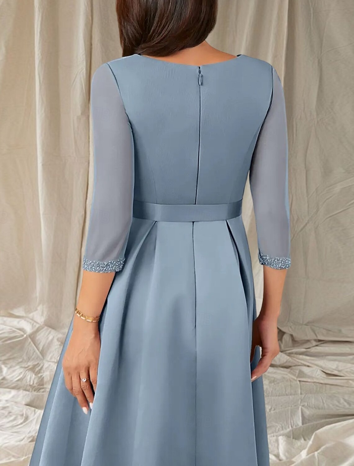 A-Line Mother of the Bride Dress Wedding Guest Elegant Sweet V Neck Tea Length Satin Half Sleeve with Sash / Ribbon Beading Ruching 2025