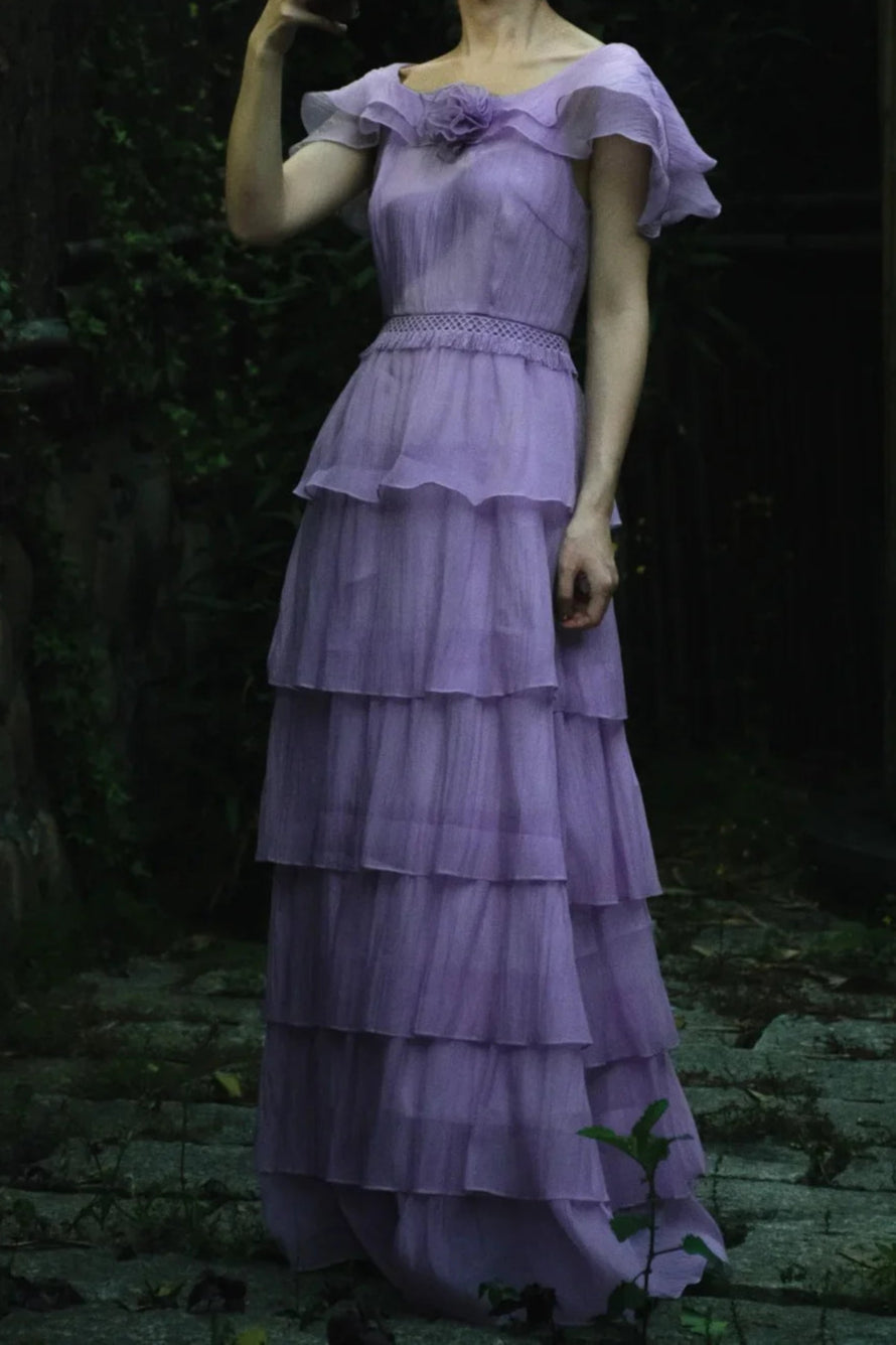 Gentle Purple A-Line Long Prom Dresses Vintage Scoop Neck Chiffon Formal Evening Gowns