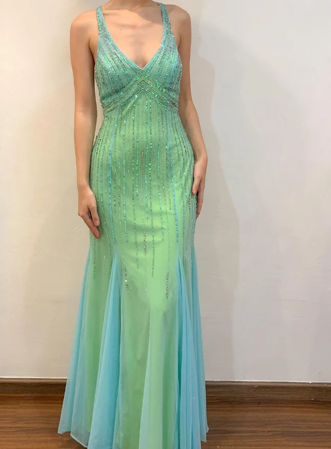 Green Mermaid Halter V Neck Beaded Chiffon Open Back Prom Dress Evening Dress