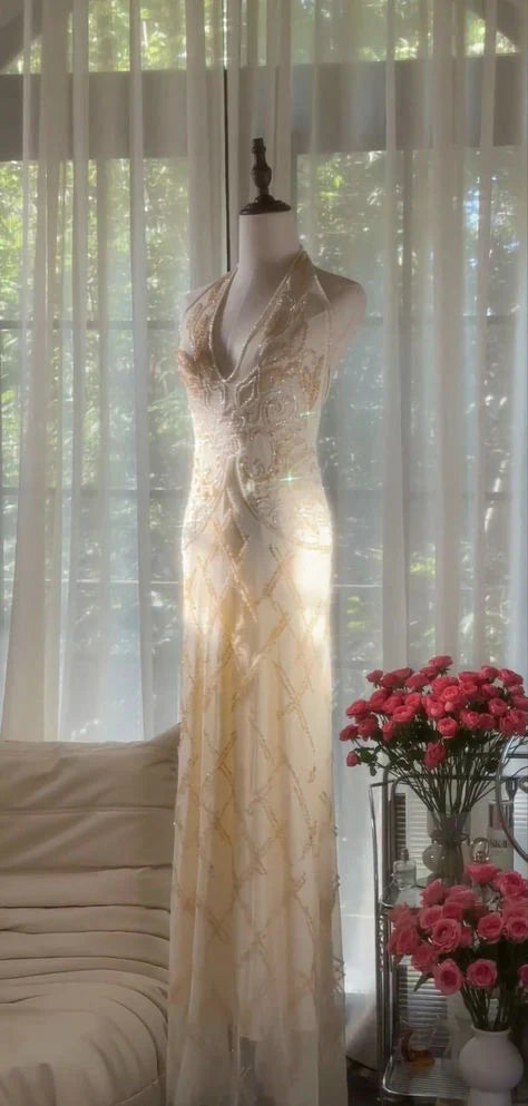 Elegant Sheath Halter Beaded Ivory Chiffon Long Prom Dress Graduation Party Dress