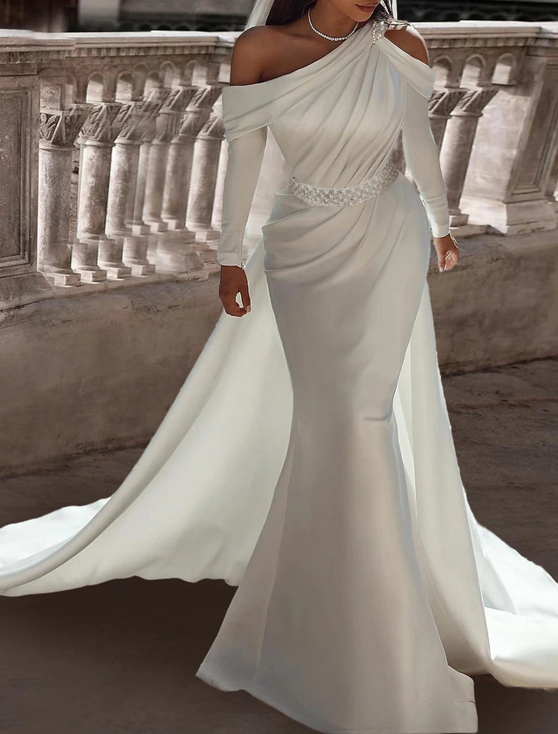 Long Sleeve Formal Wedding Dresses Two Piece One ShoulderFloor Length Satin Bridal Gowns With Sash