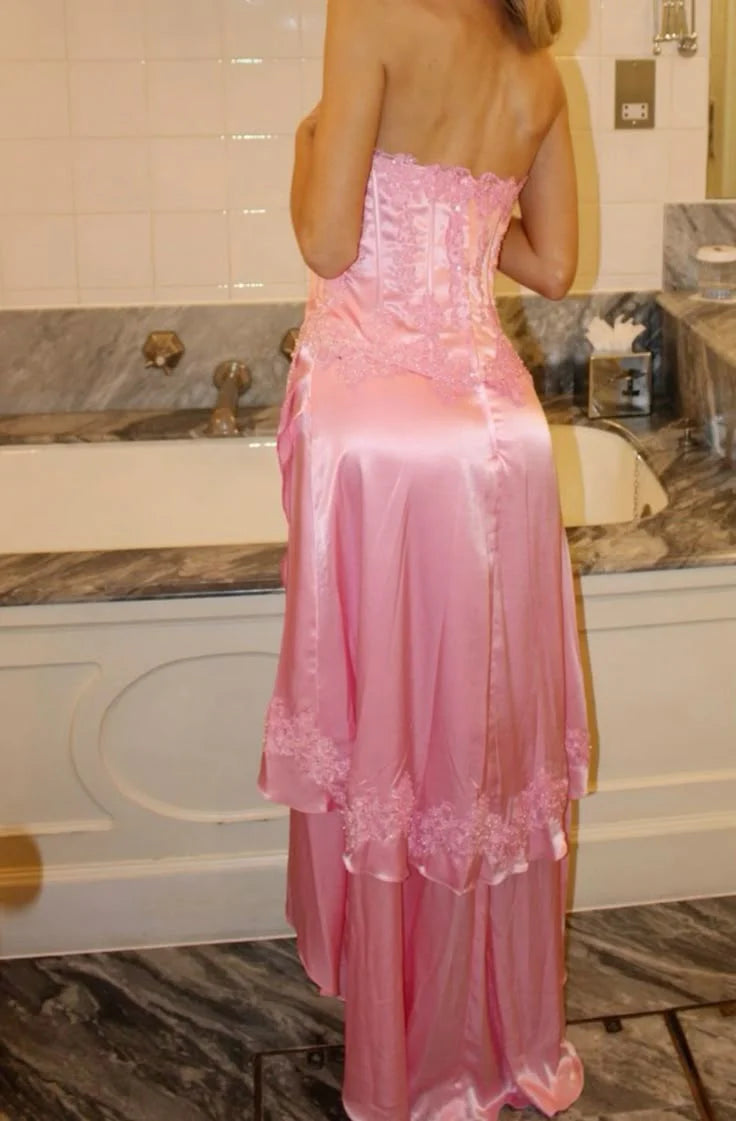 Strapless Sheath Satin Lace Applique Prom Dresses Fashion Sweet Pink Bridesmaid Dresses
