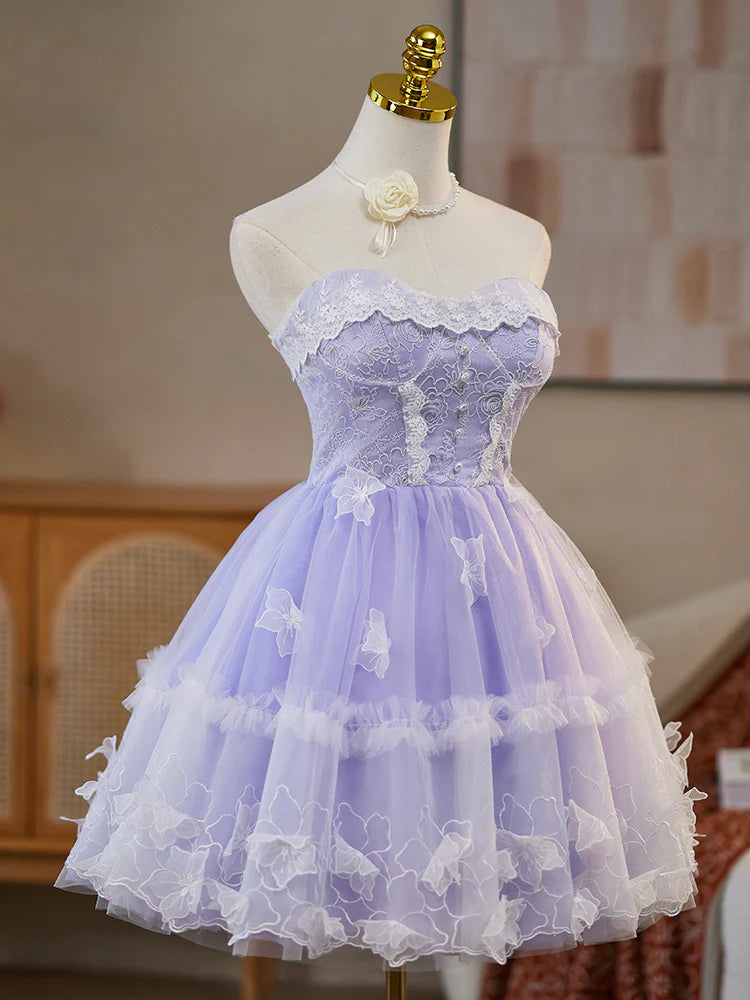 A-Line Lace Purple Short Prom Dress, Sweetheart Neck Tulle Homecoming Dress
