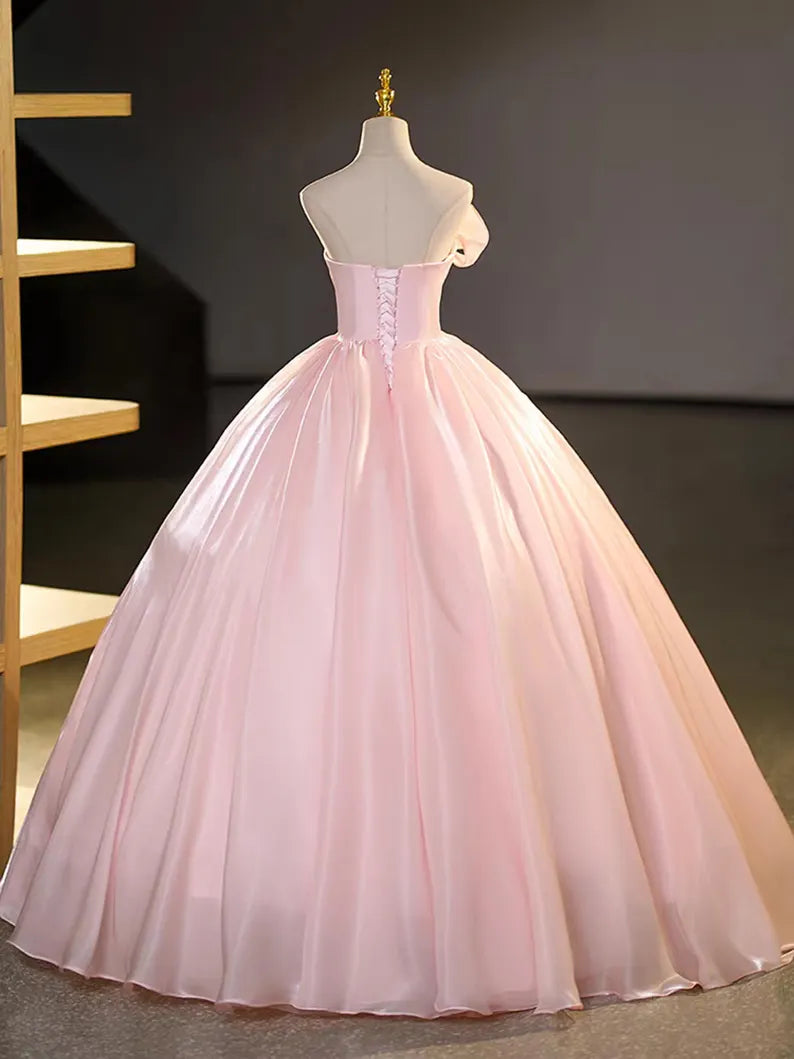 Elegant Strapless Light Pink Satin Ball Gown Classic fit Prom Dress