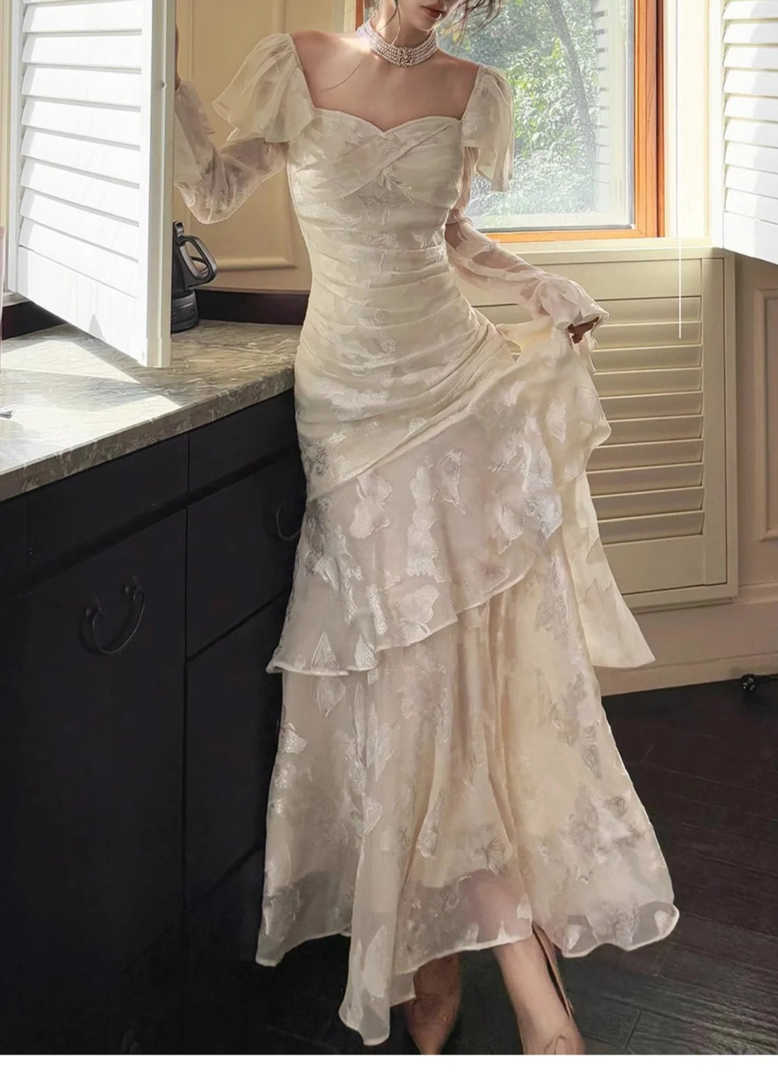 Chiffon Jacquard Elegant Light Apricot Long Sleeves Ruffled Evening Dress