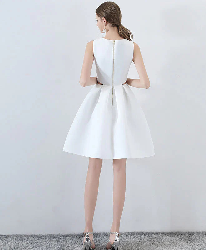 Simple White Satin Short Prom Dress, Unique design Retract Your Waist Homecoming Dress