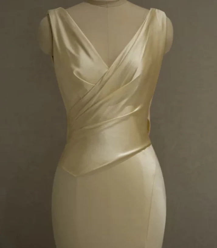 Pastel Yellow Satin Backless Mermaid Long Prom Dress