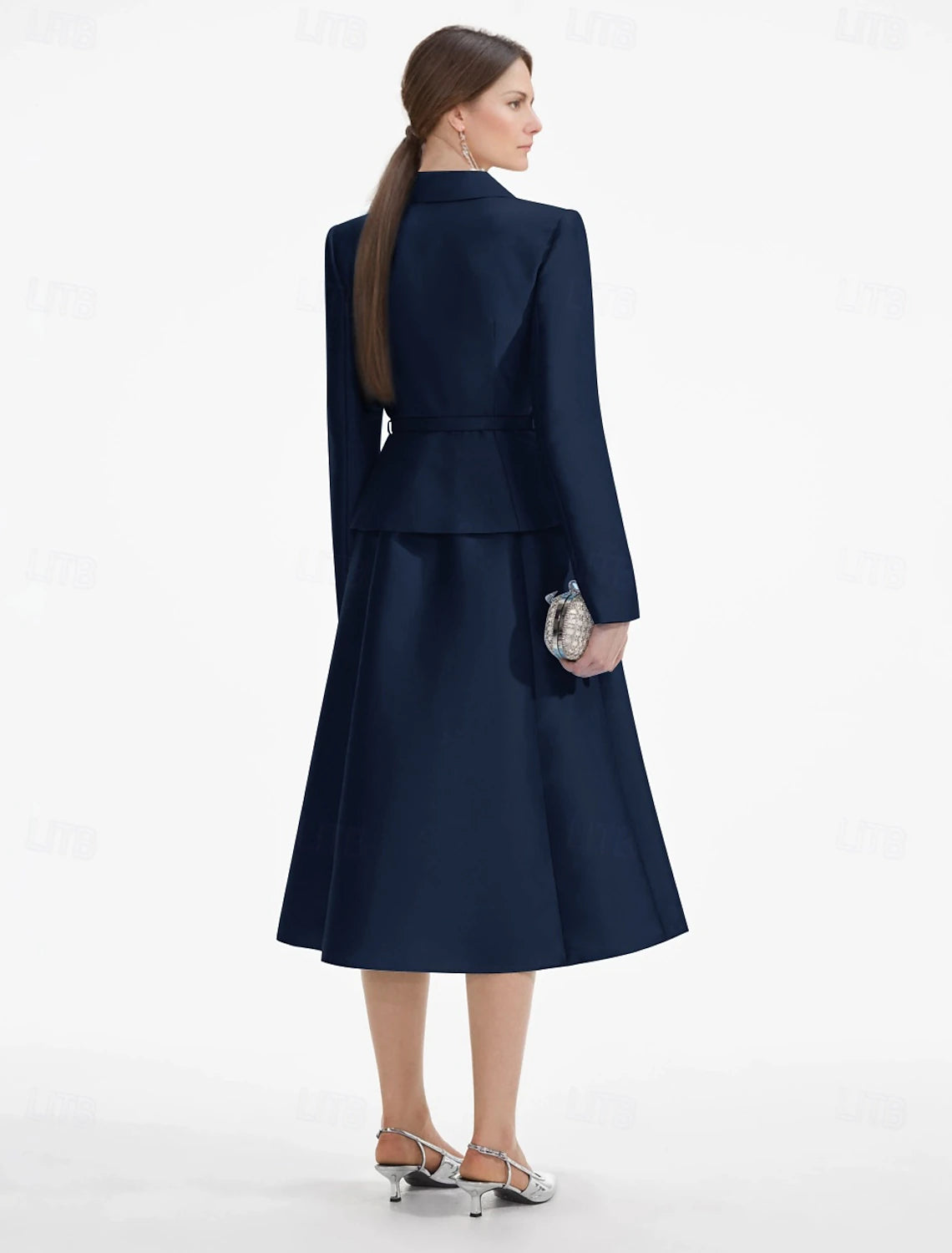 Two Piece A-Line Champagne Dress Tuxedo Dress Elegant V Neck Tea Length Satin Long Sleeve with Solid Color Derby Dresses 2025