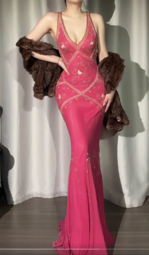 V-neck Mermaid Chiffon Beaded Applique Prom Dresses Vintage Backless Elegant Hot Pink Evening Gowns
