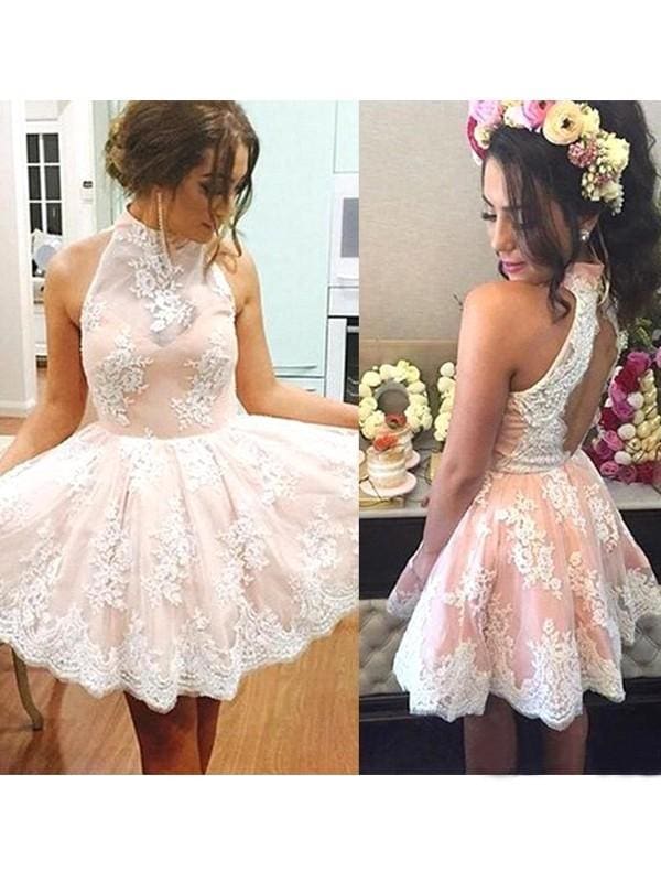 Bridelily A-Line Lace High Neck Sleeveless Short/Mini Homecoming Dresses With Applique