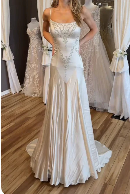 Mermaid Satin Beading Long Prom Dress Simple Elegant Spaghetti Straps Formal Evening Dress