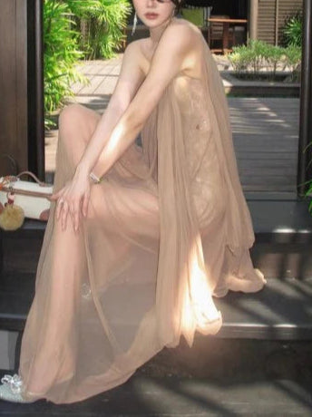 French style mesh ribbon tube top dress backless off shoulder party dress