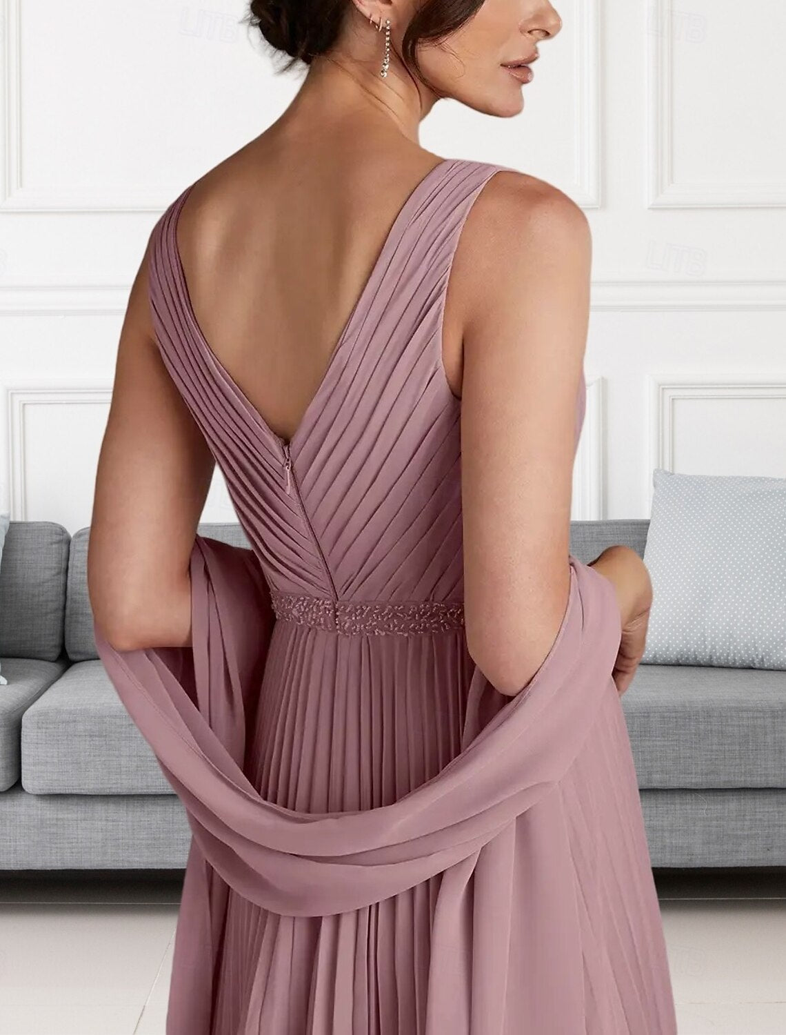 A-Line Mother of the Bride Dress Wedding Guest Elegant V Neck Floor Length Chiffon Sleeveless Wrap Included with Beading Ruching