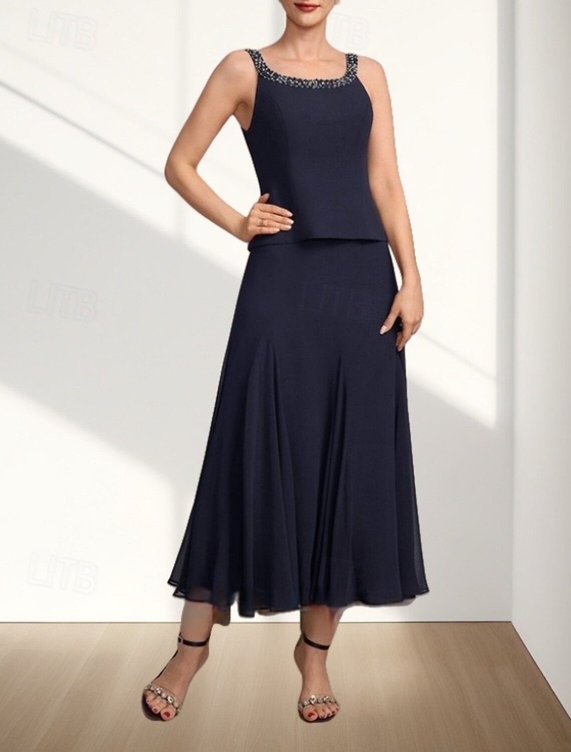 Two Piece A-Line Mother of the Bride Dress Wedding Guest Elegant Crew Neck Tea Length Chiffon 3/4 Length Sleeve with Beading Midi Dress