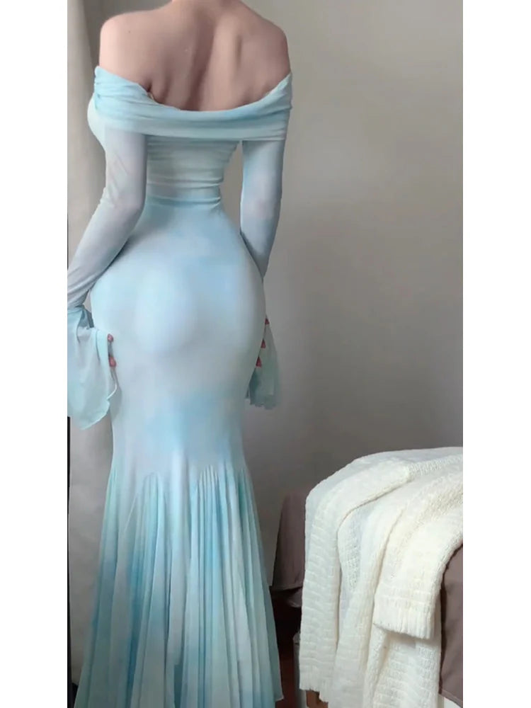 Sexy Mermaid Light Blue Women's Beach Dress Off The Shoulder Prom Dresses