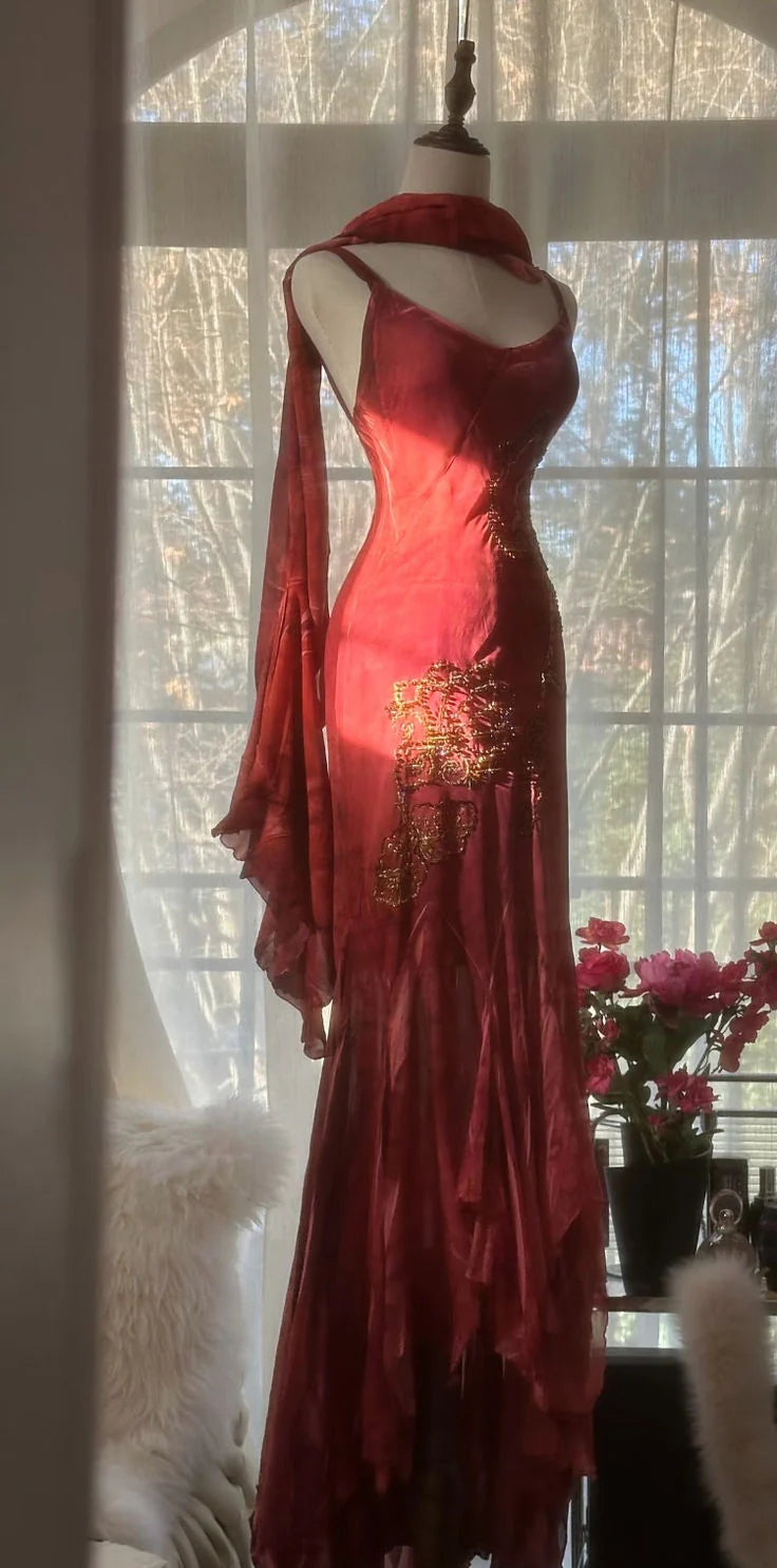 Spaghetti Straps Ruffle Beaded Red Chiffon Evening Dress Sexy Mermaid Party Dress