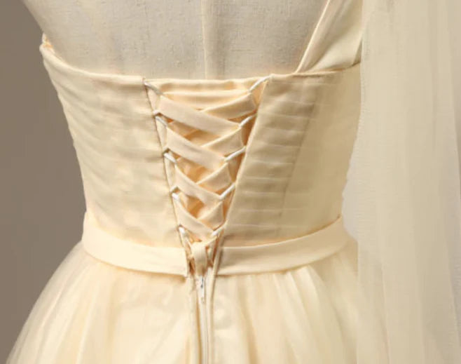 Champagne A-line neck tulle short prom dress sweetheart bridesmaid dress