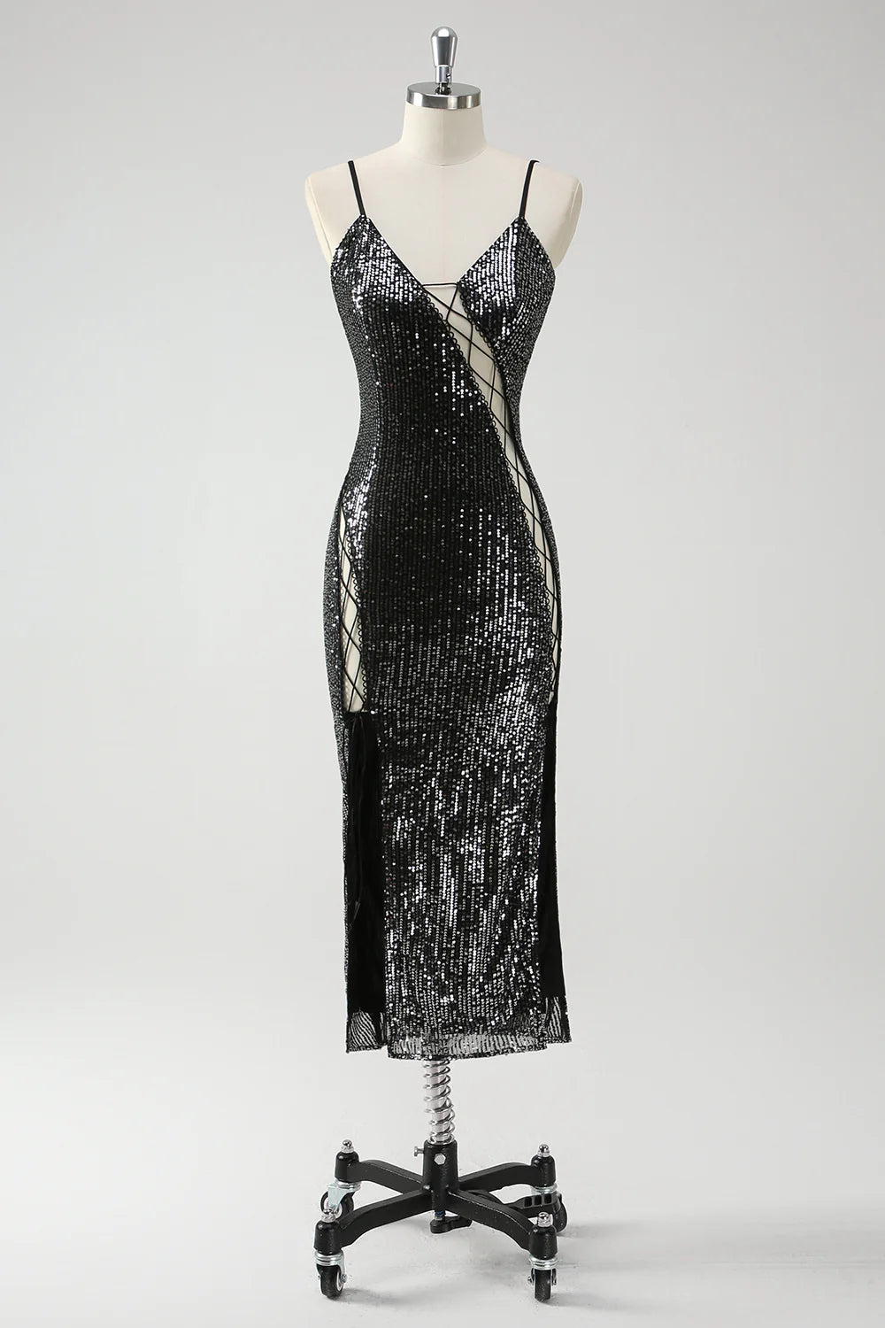 Sparkly Black Unique design Hollow Out Spaghetti Straps Prom Dress With Slit