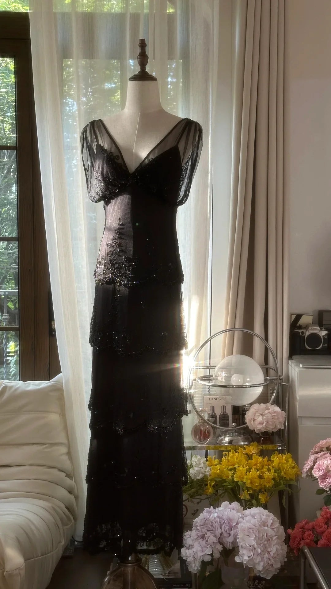 Charming Sheath V Neck Layered Full of charm Beaded Black Chiffon Party Dress