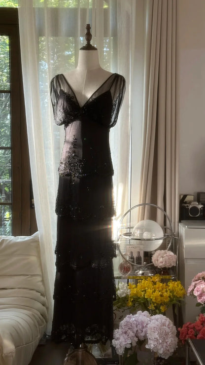 Charming Sheath V Neck Layered Full of charm Beaded Black Chiffon Party Dress